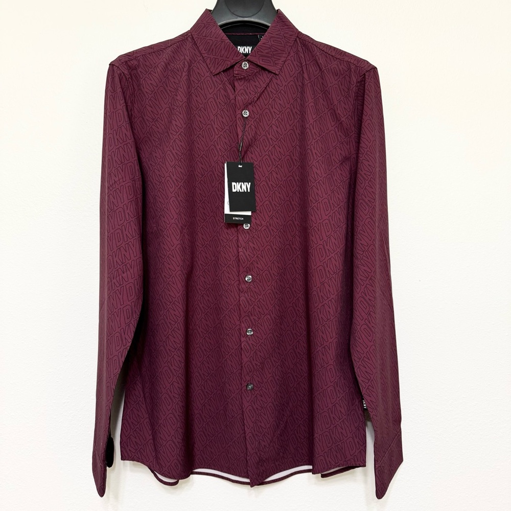 DKNY Garnet Maroon Logo Printed Collar Long Sleeve Stretch Men’s Dress Shirts, M